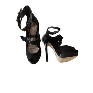 NEW Super High Buckle Strap Platform Suede Heels Black Size 7.5